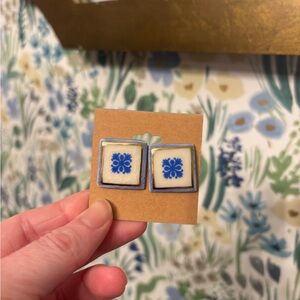 Blue Floral Square Earrings